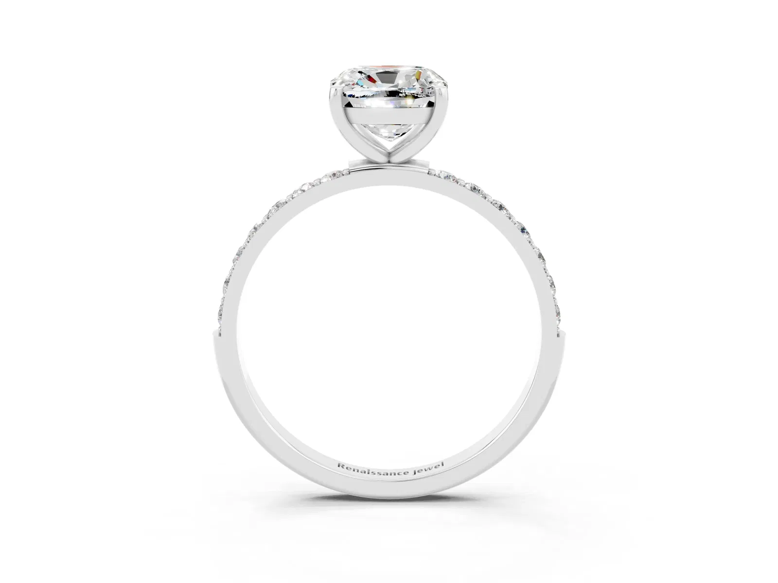 Cushion Cut Moissanite Solitaire Ring with Round Pavé Band and Prong Setting Platinum
