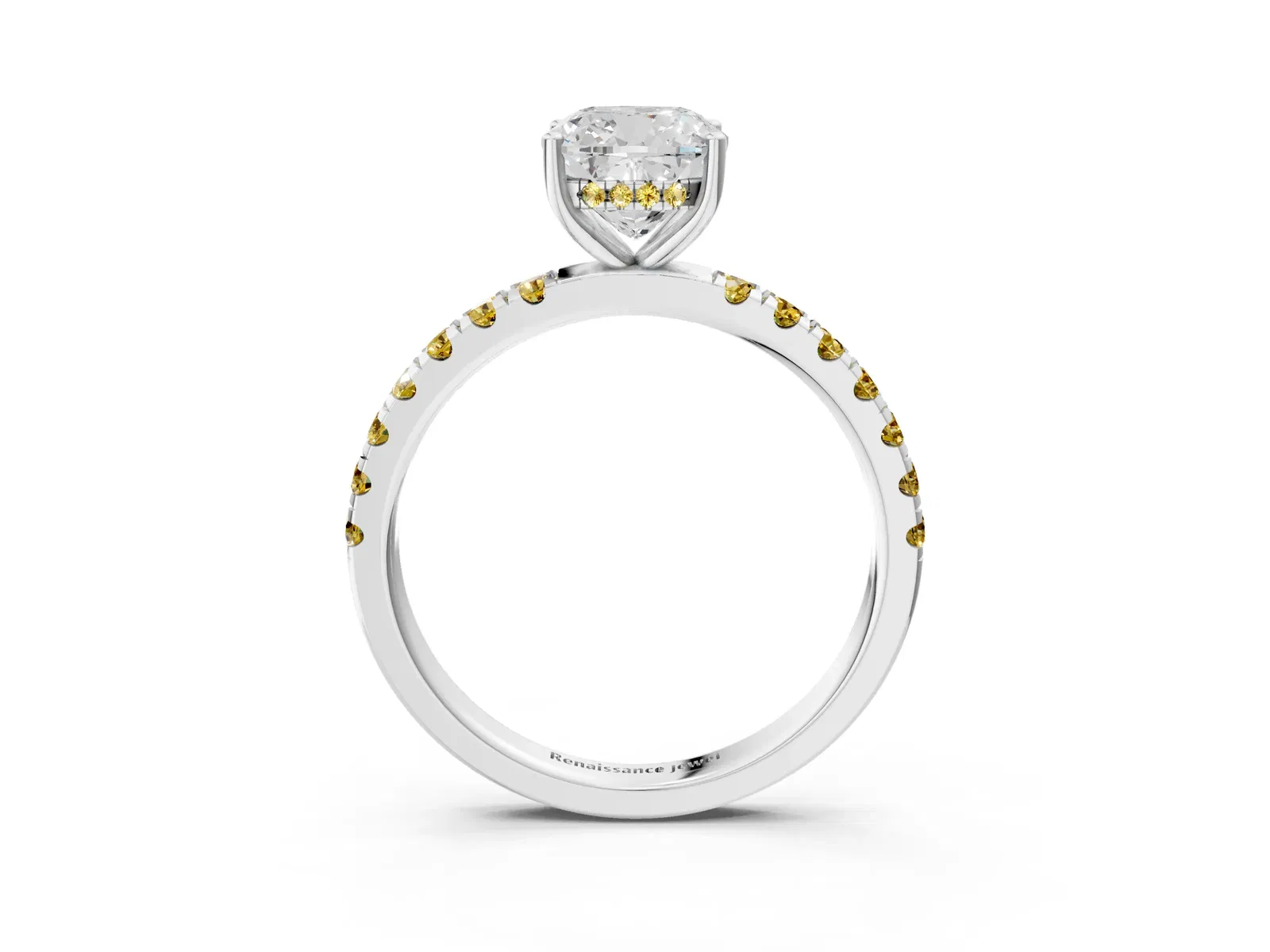 Cushion Cut Diamond Pave Band Solitaire Ring with Round Yellow Sapphire and Prong Setting Platinum