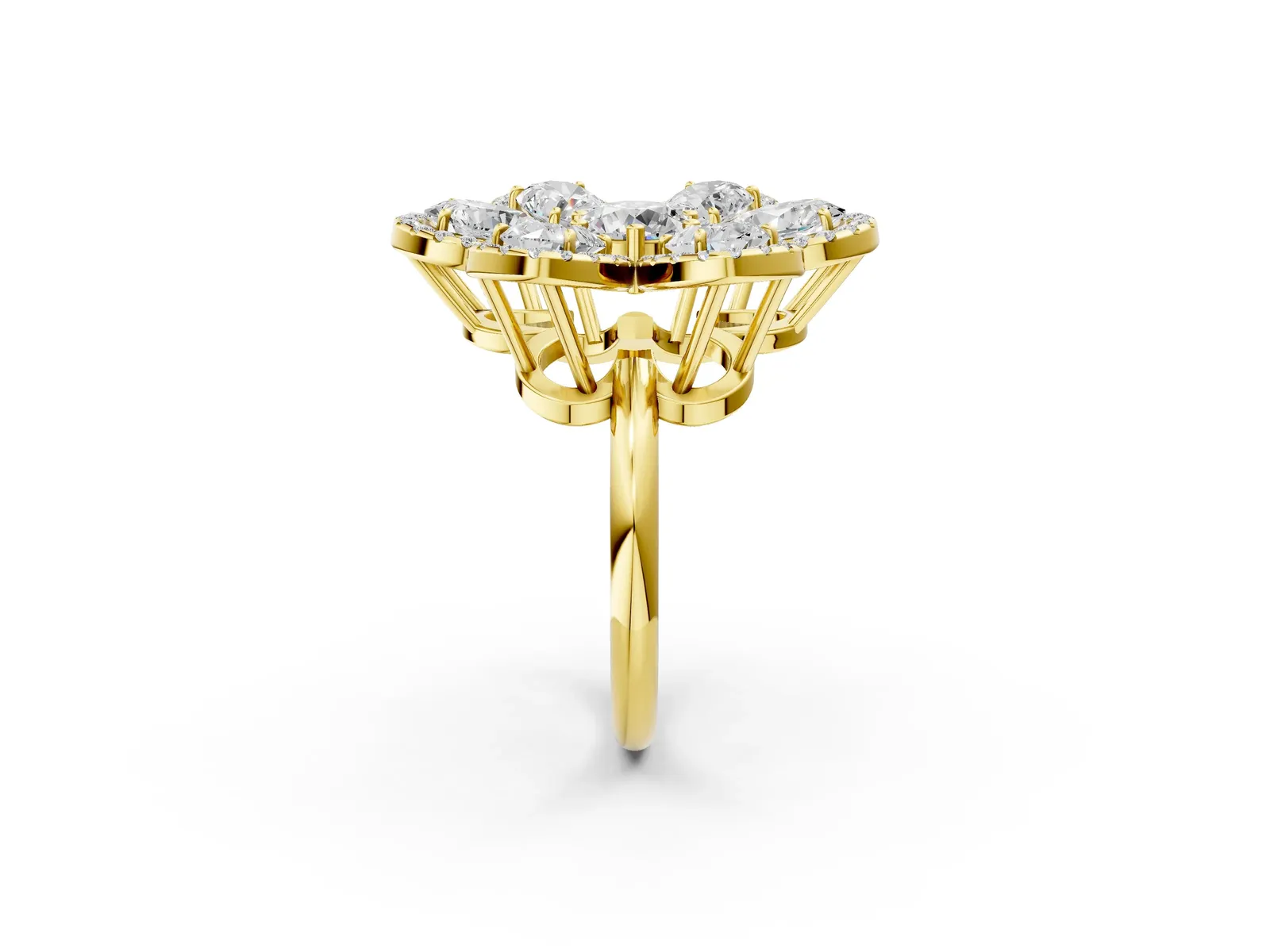 Pear Diamond Floral Promise Ring with Round Diamond Center Yellow gold