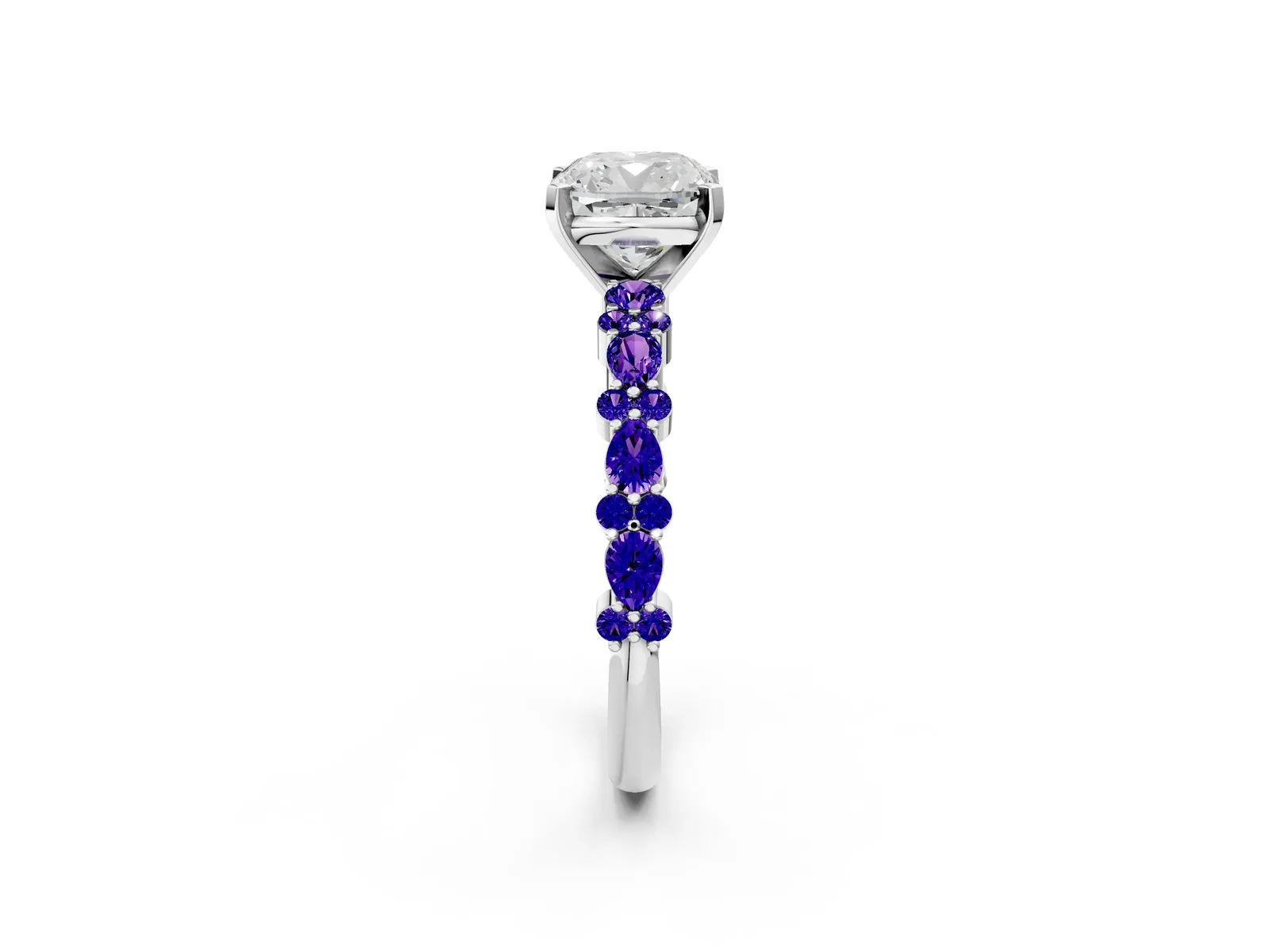 Cushion Cut Diamond Side Stone Solitaire Ring with Round Tanzanite and Four-Prong Setting Platinum