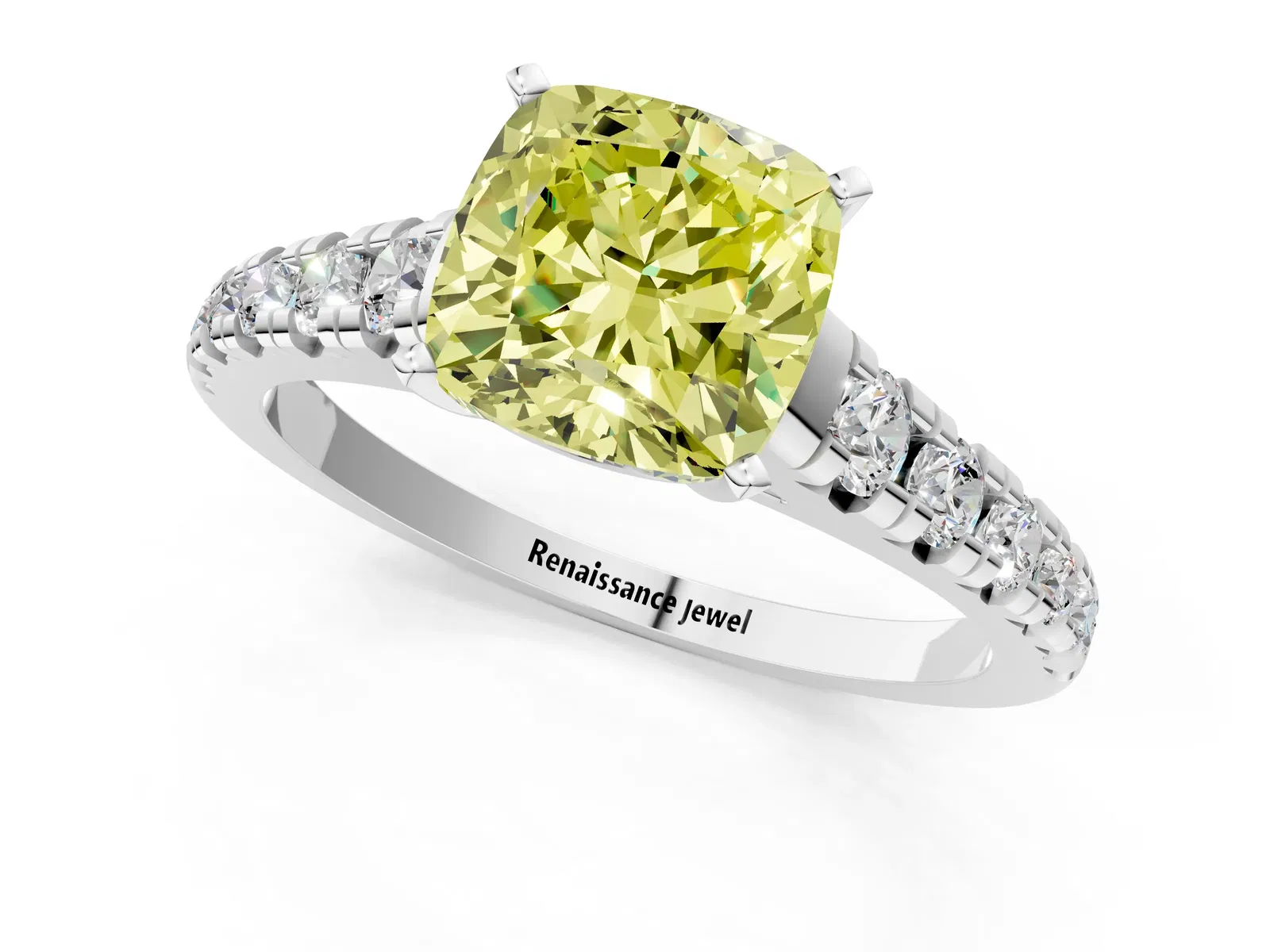Fancy Yellow Cushion Cut Diamond Cathedral Solitaire Ring with Round Pavé Band Platinum