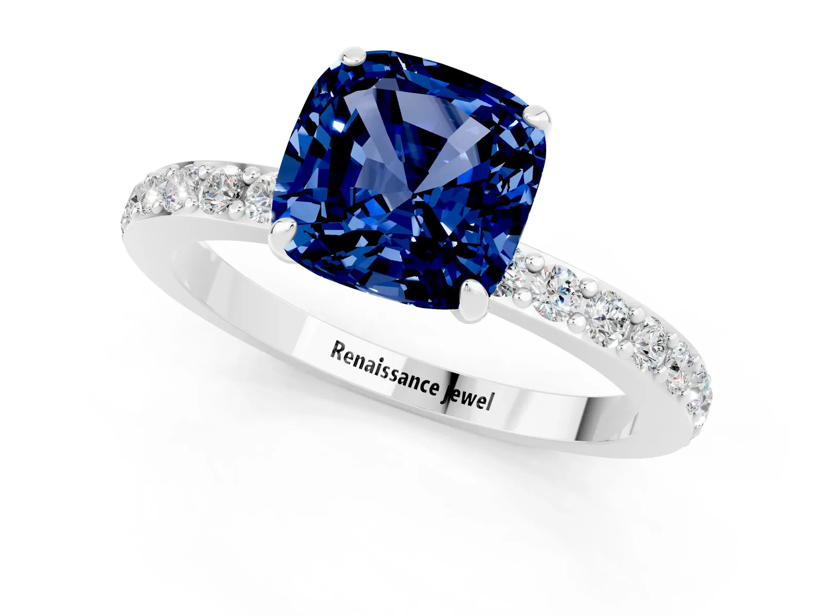 Cushion Cut Blue Sapphire Solitaire Engagement Ring with Pavé Band and Four-Prong Setting Platinum
