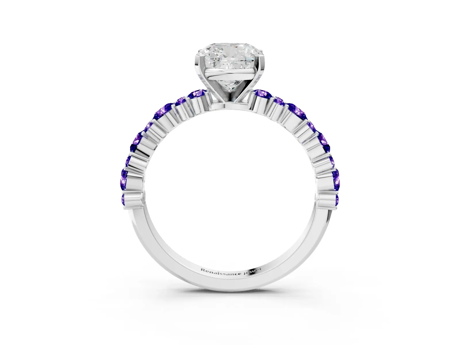 Cushion Cut Diamond Side Stone Solitaire Ring with Round Tanzanite and Four-Prong Setting Platinum