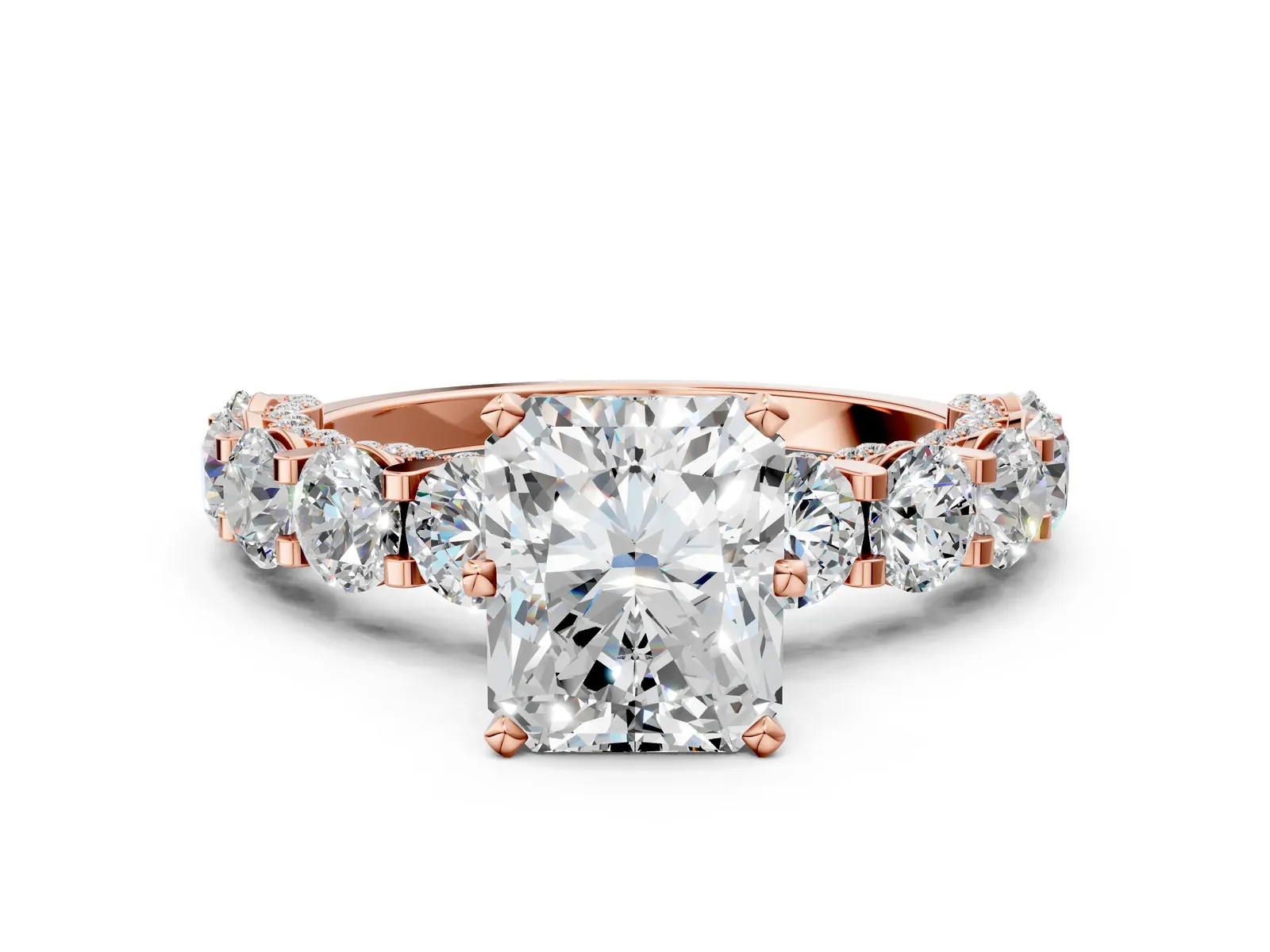 Radiant Cut Diamond Side Stone Engagement Ring with Four-Prong Setting Rose gold