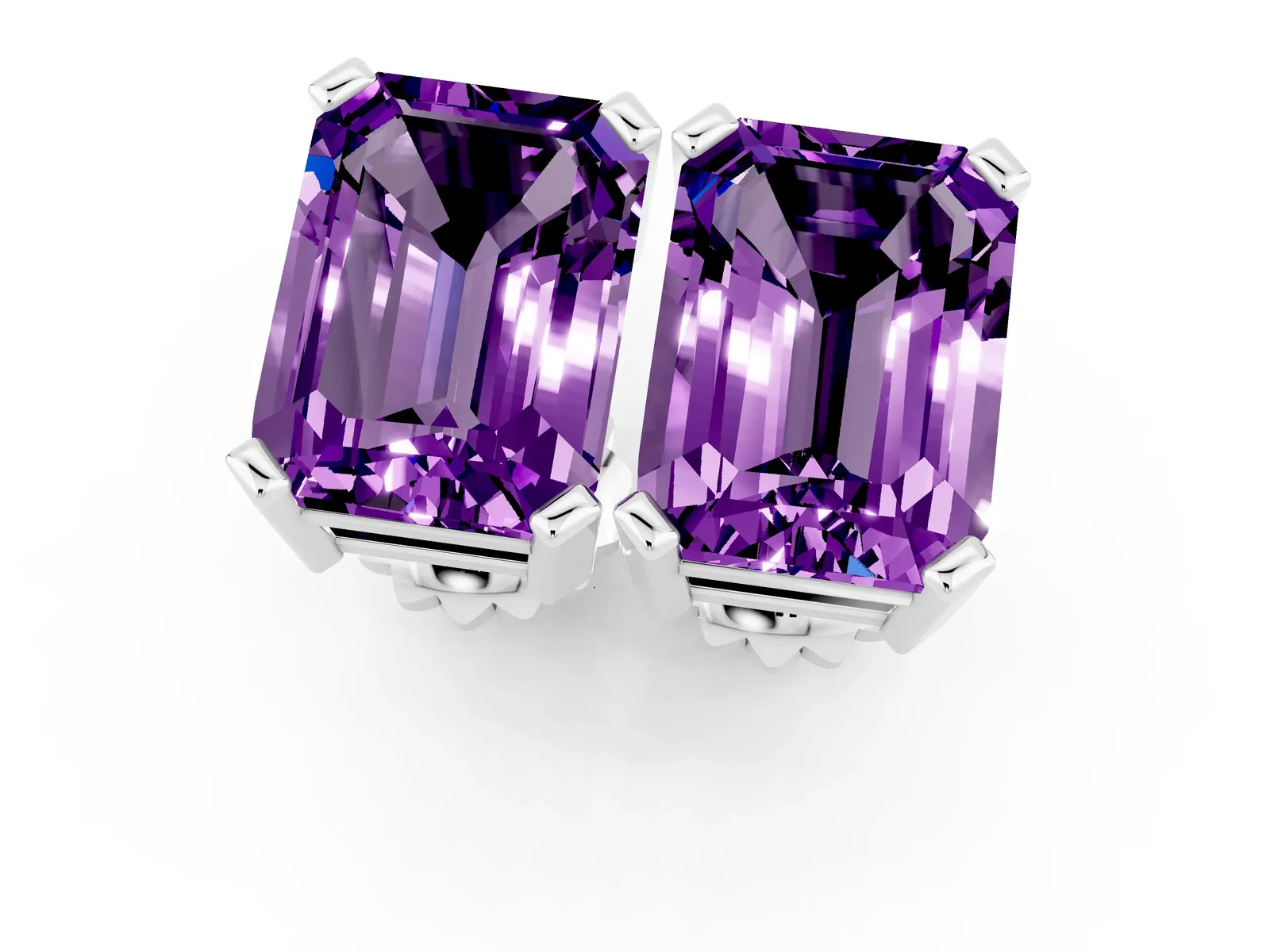 Emerald Cut Amethyst Stud Earrings White gold