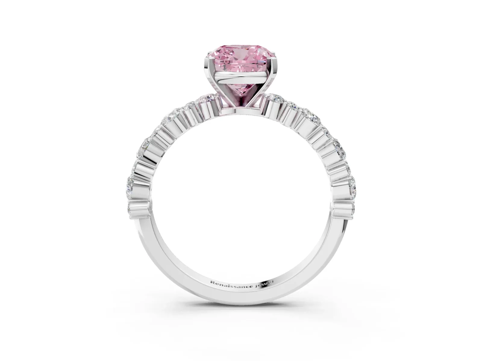 Fancy Pink Cushion Cut Diamond Side Stone Solitaire Ring with Round and Four-Prong Setting Platinum