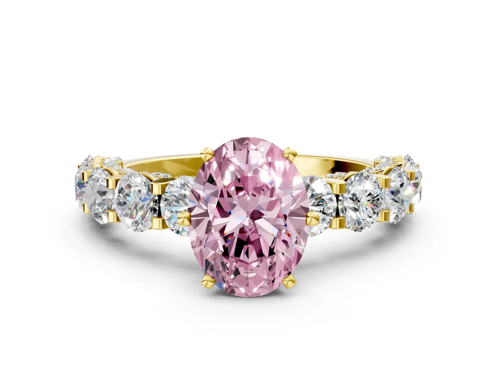 Fancy Pink Oval Cut Diamond Side Stone Engagement Ring with Four-Prong Setting Yellow gold