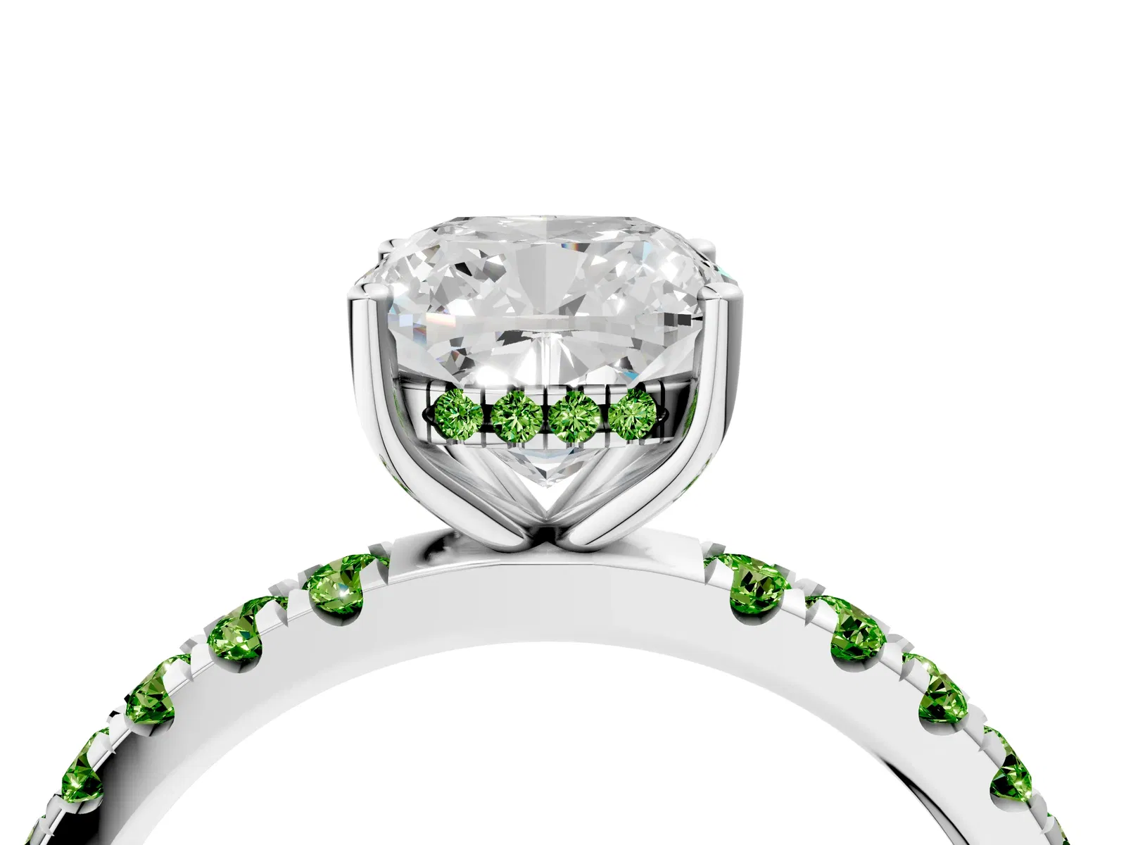 Cushion Cut Diamond Pave Band Solitaire Ring with Round Peridot and Prong Setting Platinum