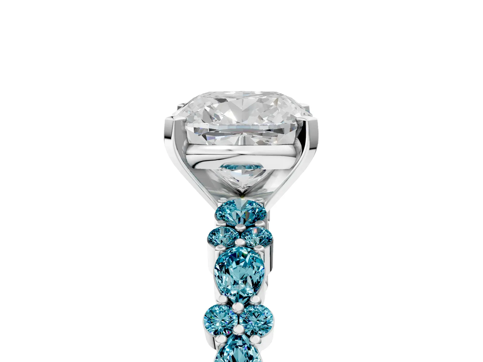Cushion Cut Diamond Side Stone Solitaire Ring with Round Blue Topaz and Four-Prong Setting Platinum