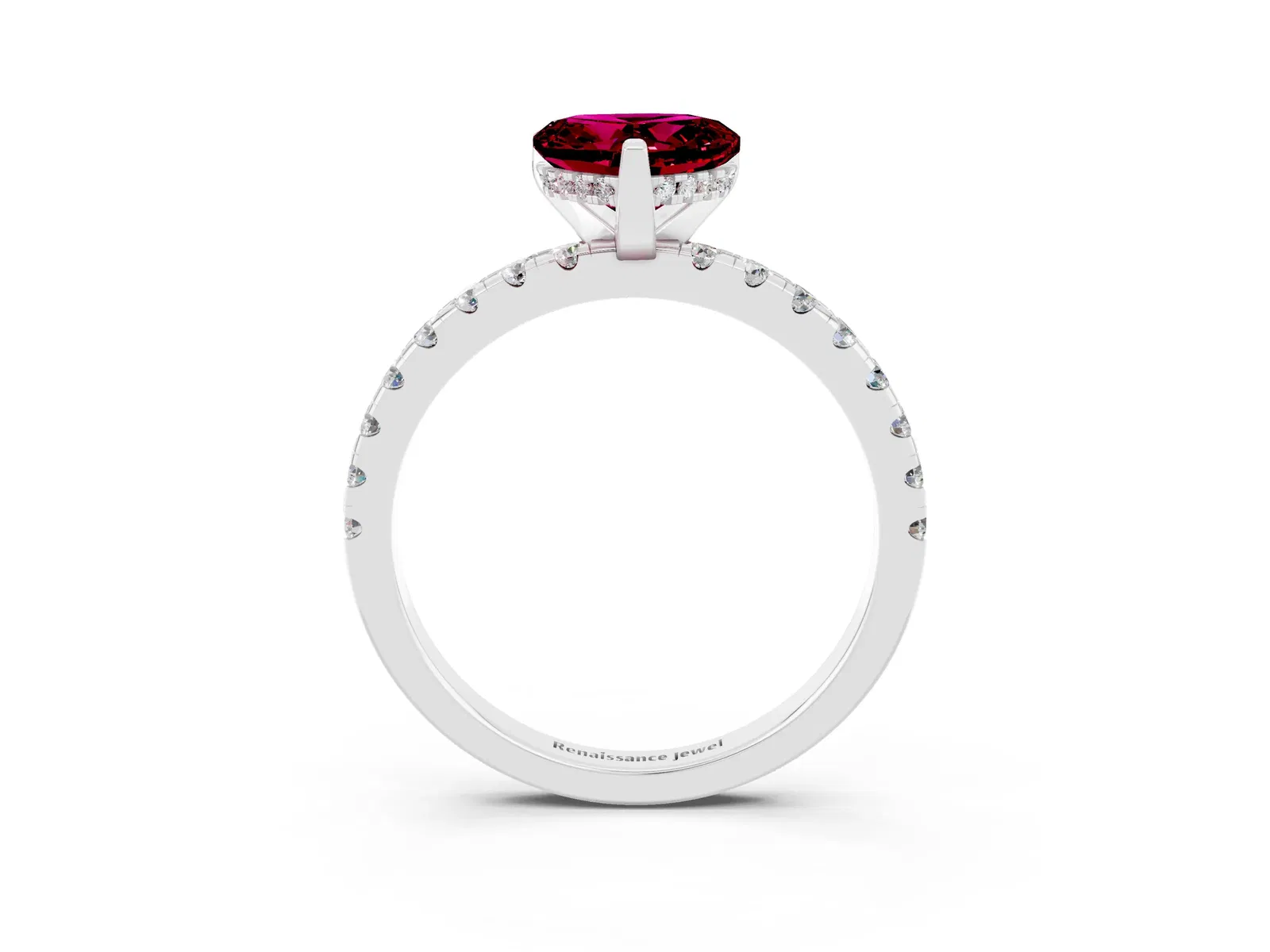 Heart Cut Garnet Solitaire Ring with Round Pavé Band and Four-Prong Setting Platinum