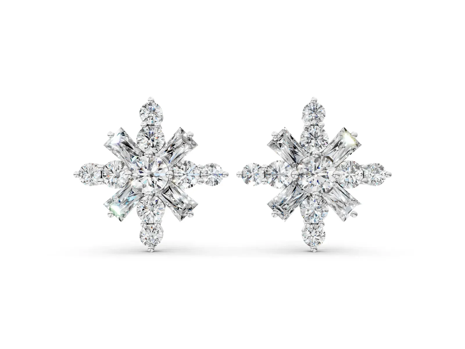 Round Cut Diamond Snowflake Cluster Stud Earrings Silver
