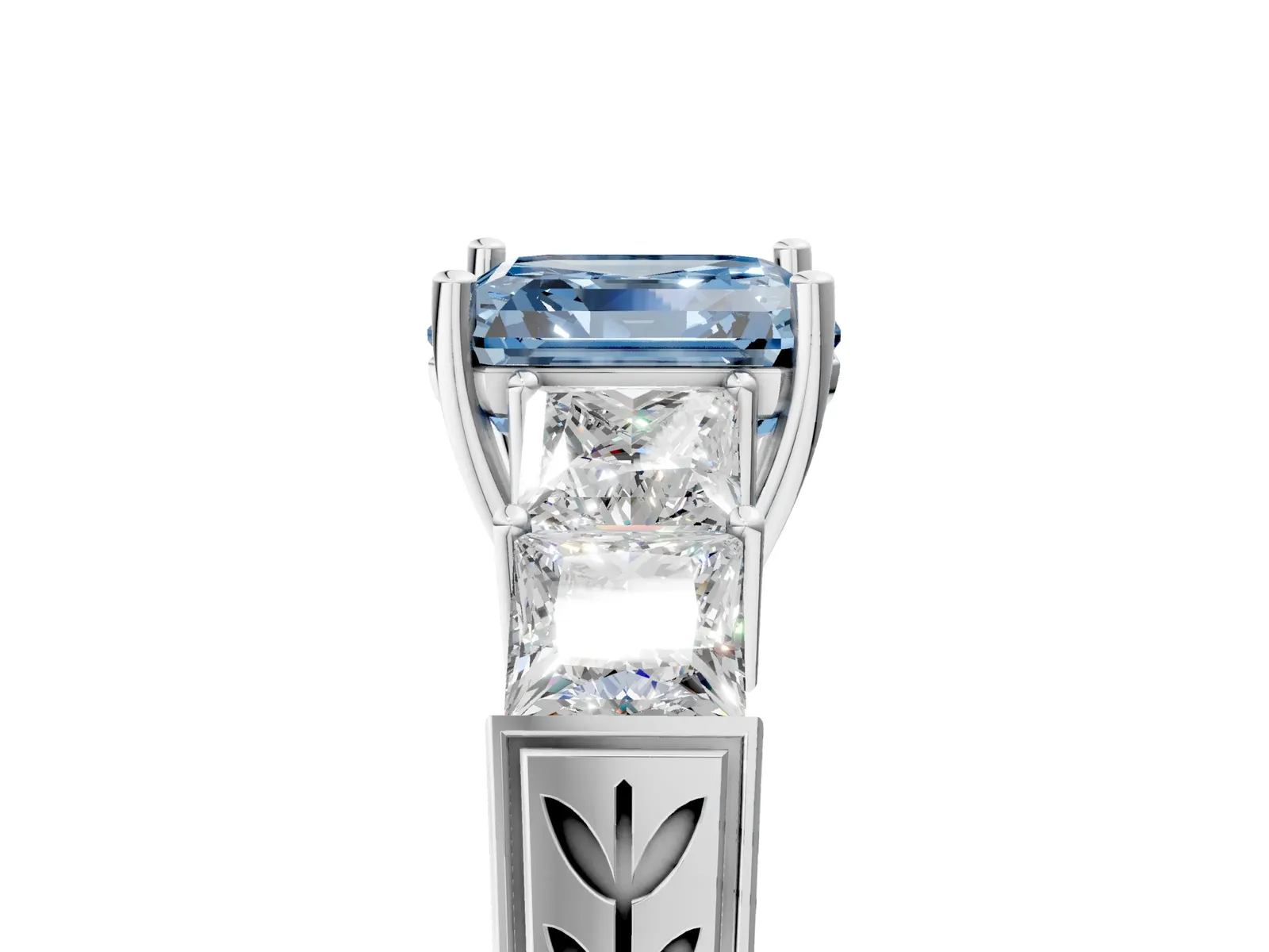 Fancy Blue Asscher Cut Solitaire Princess Side Stone Engraved Band Prong Setting Ring Platinum