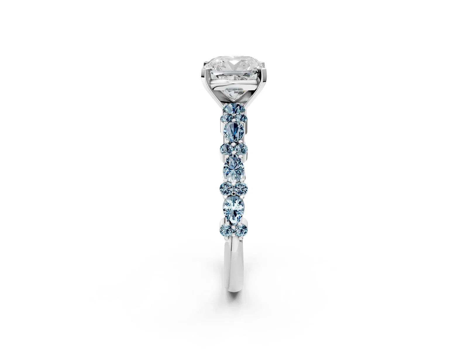 Cushion Cut Diamond Side Stone Solitaire Ring with Round Aquamarine and Four-Prong Setting Platinum