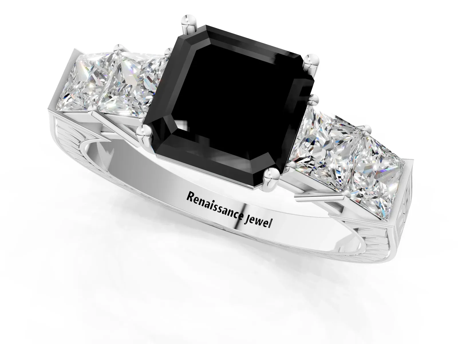 Fancy Black Asscher Cut Solitaire Princess Side Stone Engraved Band Prong Setting Ring Platinum
