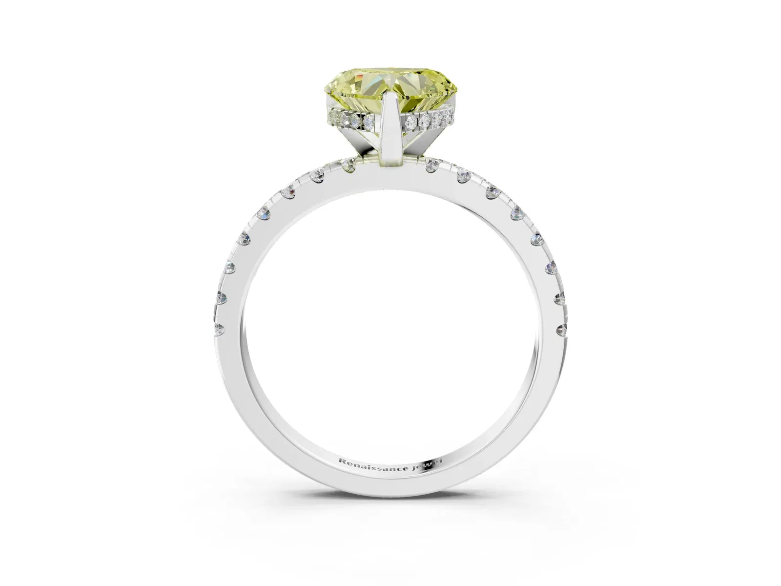 Fancy Yellow Heart Cut Diamond Solitaire Ring with Round Pavé Band and Four-Prong Setting Platinum