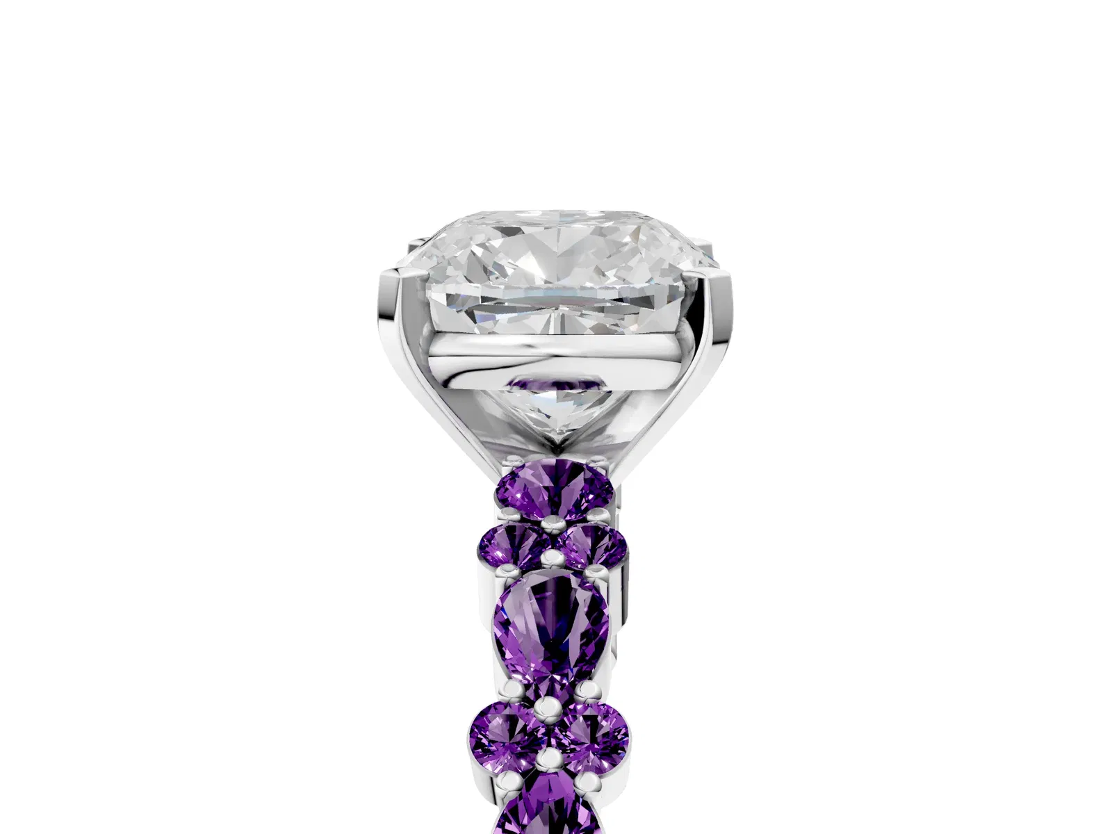 Cushion Cut Diamond Side Stone Solitaire Ring with Round Amethyst and Four-Prong Setting Platinum