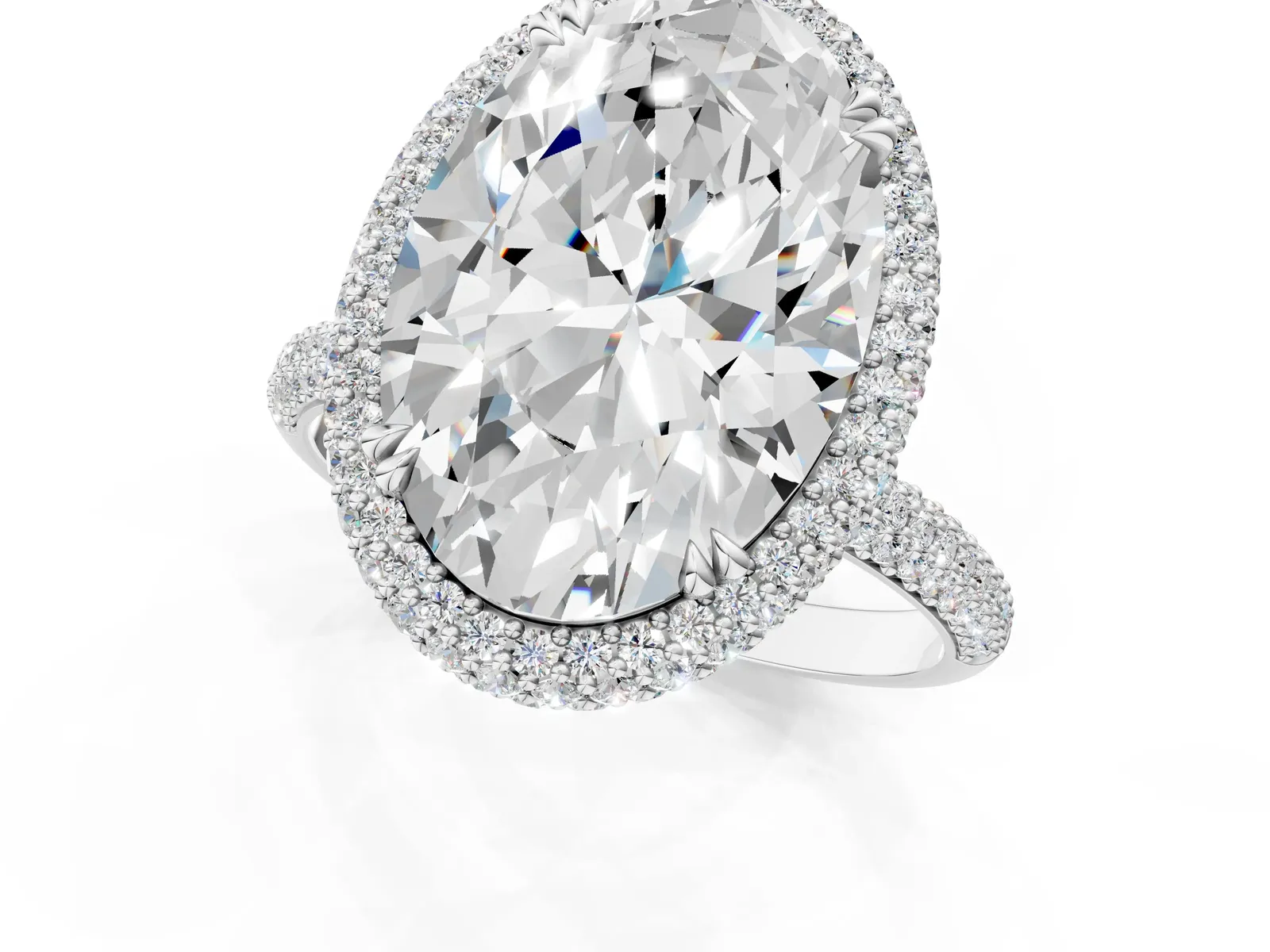 Oval Diamond Halo Ring with Round Diamond Accents Silver