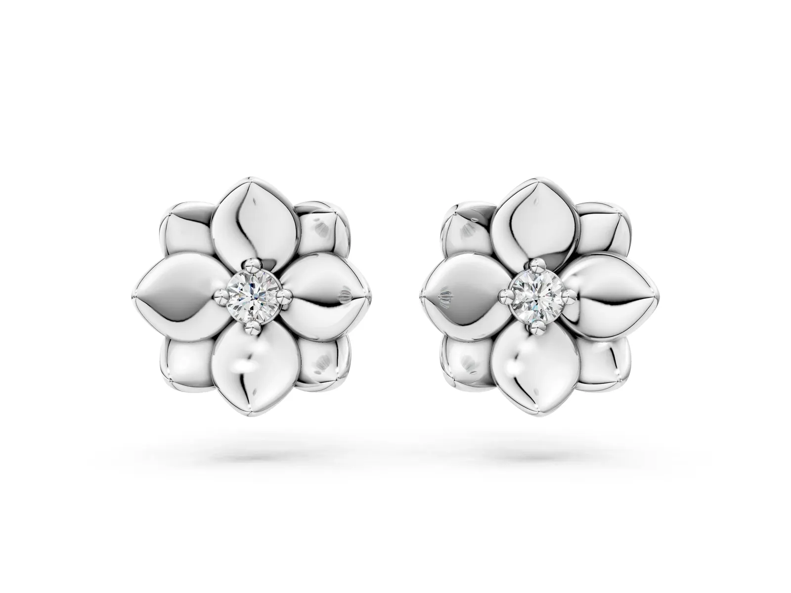 Round Diamond Magnolia Floral Stud Earrings White gold