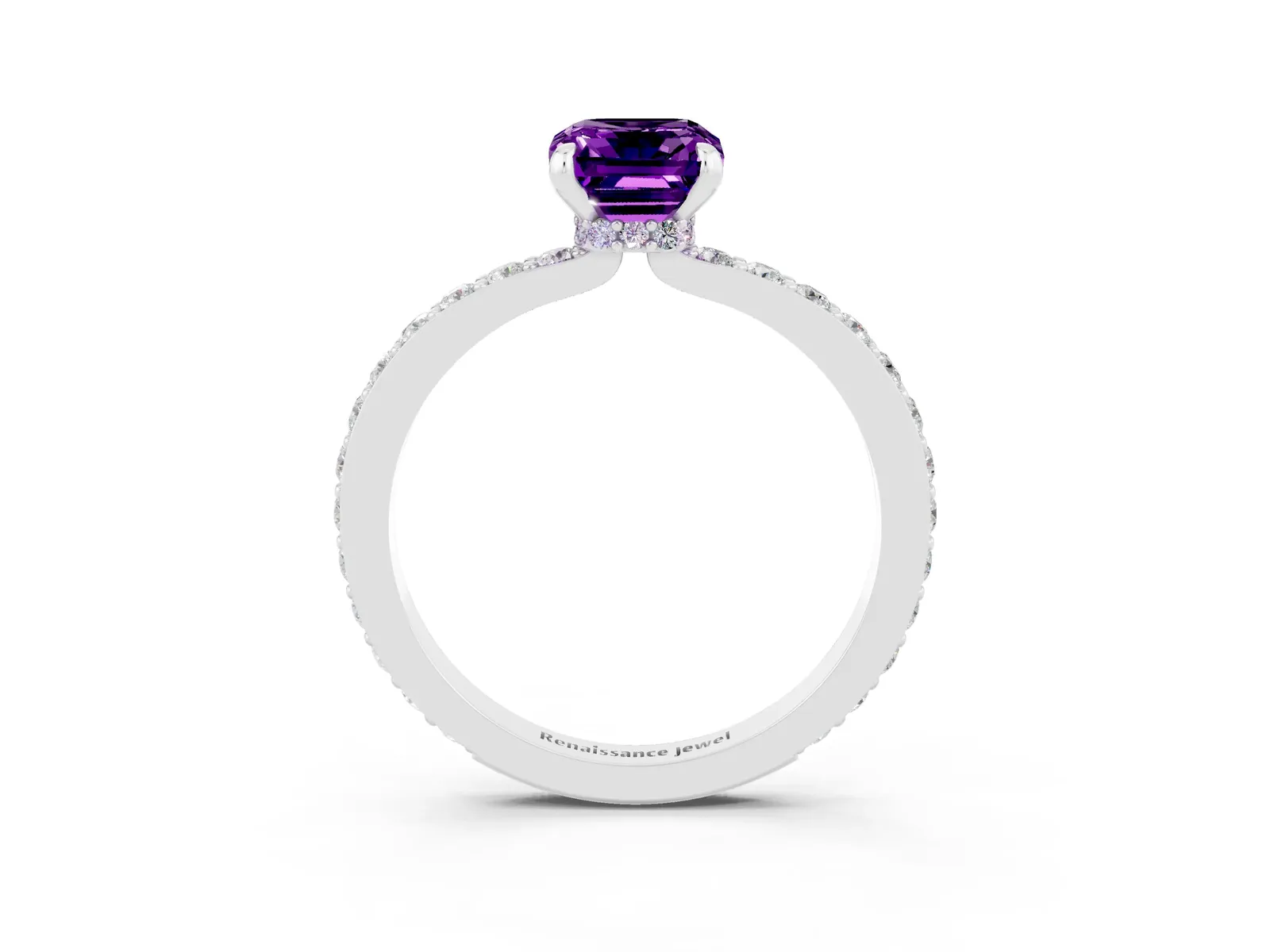 Emerald Cut Amethyst Solitaire Engagement Ring with Pavé Band and Four-Prong Setting Platinum