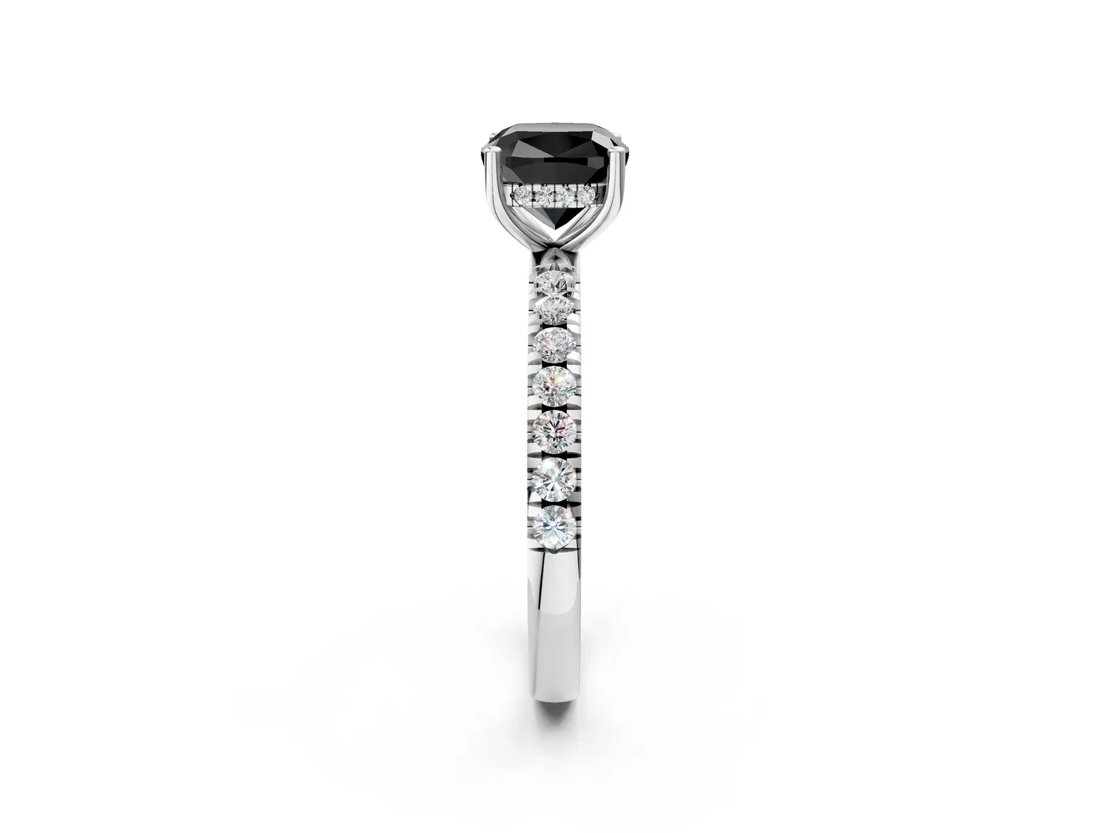 Fancy Black Cushion Cut Diamond Pave Band Solitaire Ring with Round and Prong Setting Platinum