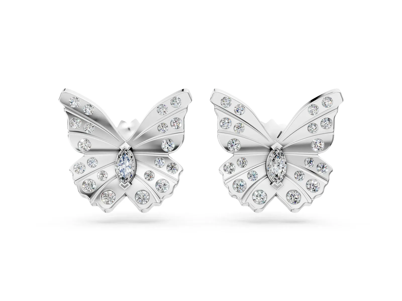 Round and Marquise Diamond Flutter Butterfly Stud Earrings White gold