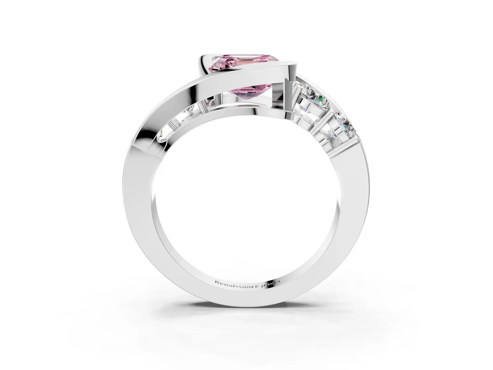 Fancy Pink Bezel Set Asscher Cut Diamond Bypass Ring with Round Accents Platinum
