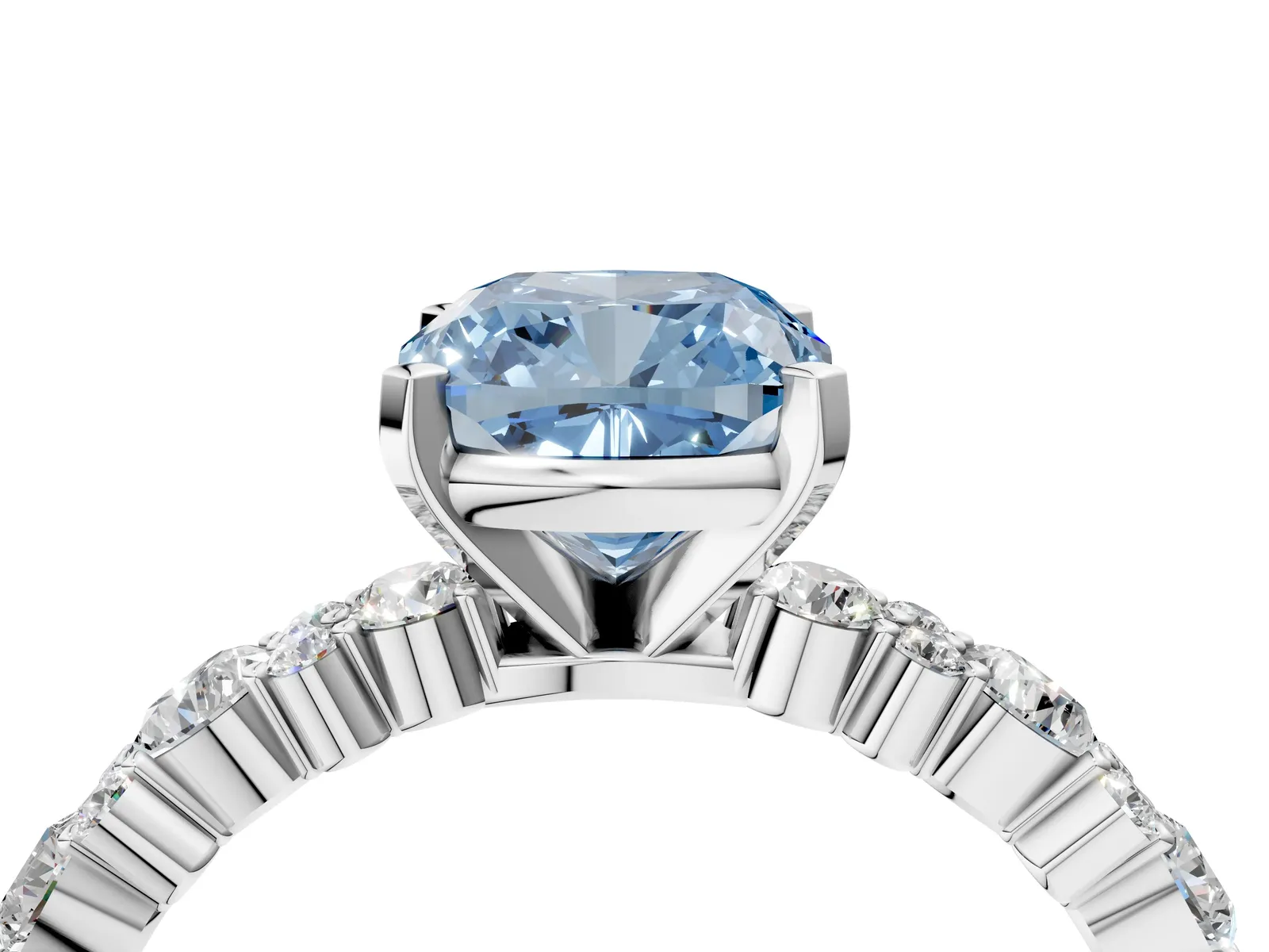 Fancy Blue Cushion Cut Diamond Side Stone Solitaire Ring with Round and Four-Prong Setting Platinum