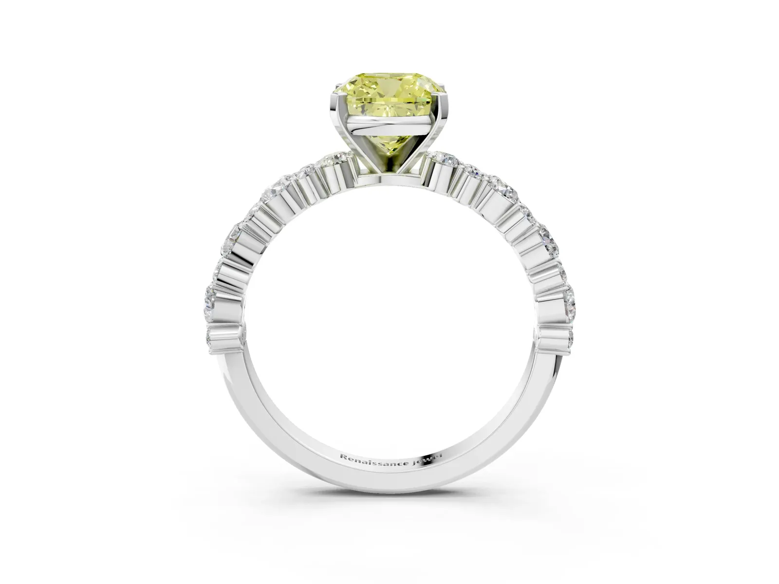 Fancy Yellow Cushion Cut Diamond Side Stone Solitaire Ring with Round and Four-Prong Setting Platinum
