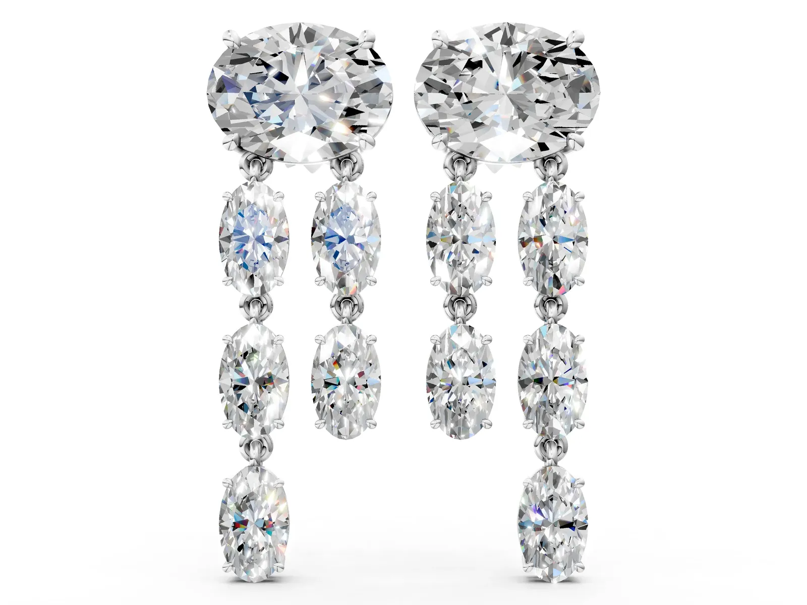 Oval Cut Diamond Multi-Row Drop Earrings Silver