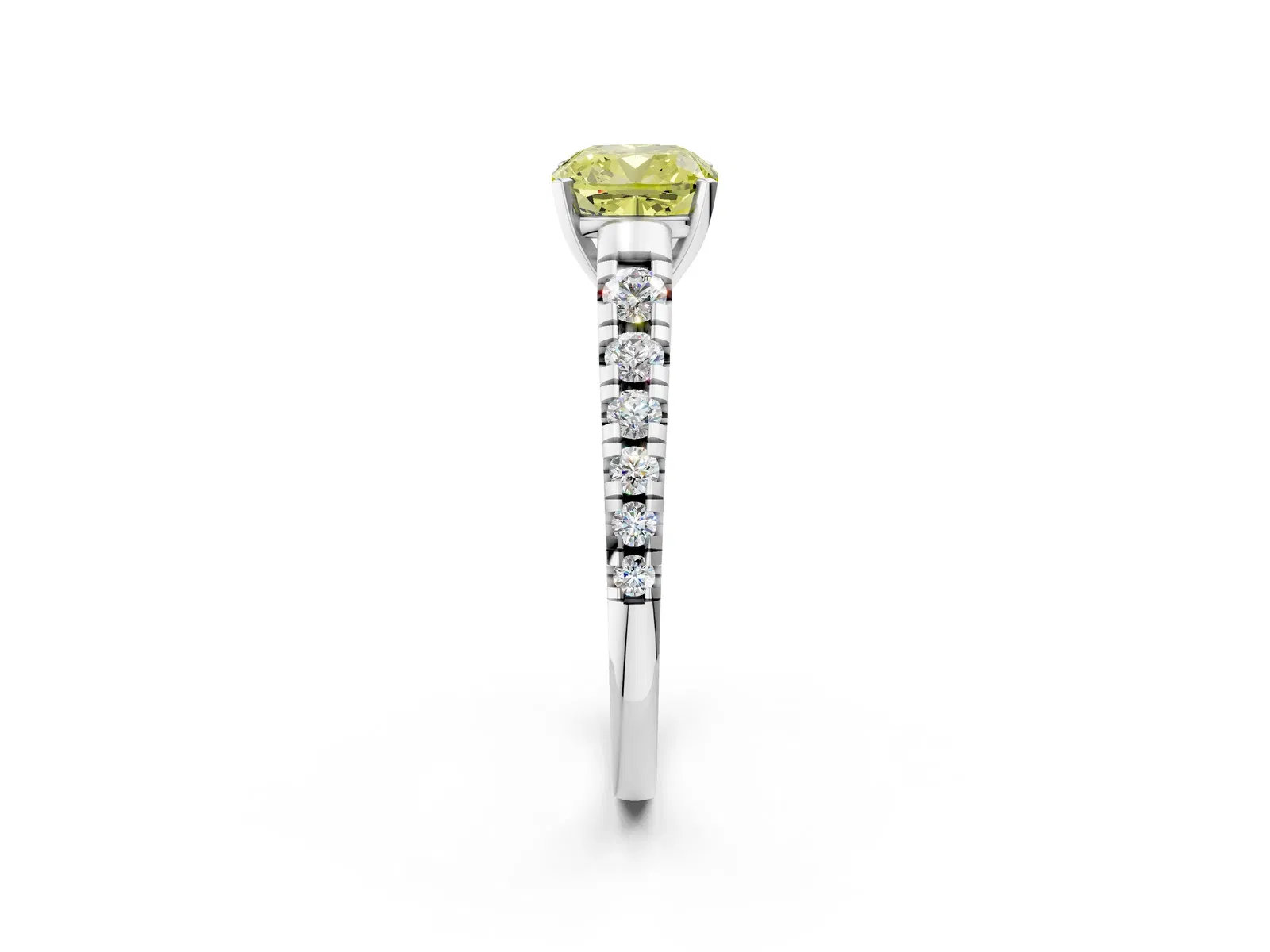 Fancy Yellow Cushion Cut Diamond Cathedral Solitaire Ring with Round Pavé Band Platinum