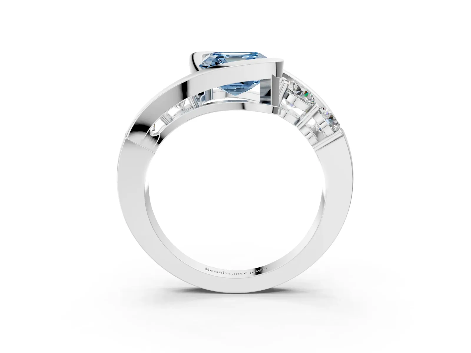 Fancy Blue Bezel Set Asscher Cut Diamond Bypass Ring with Round Accents Platinum