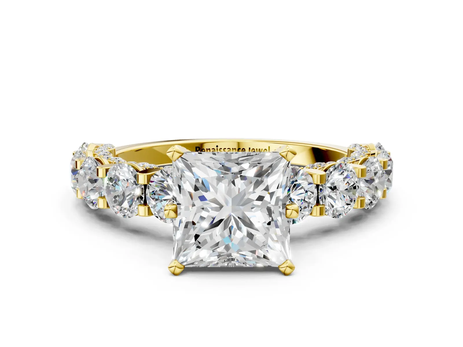 Princess Cut Diamond Side Stone Engagement Ring with Four-Prong Setting Yellow gold