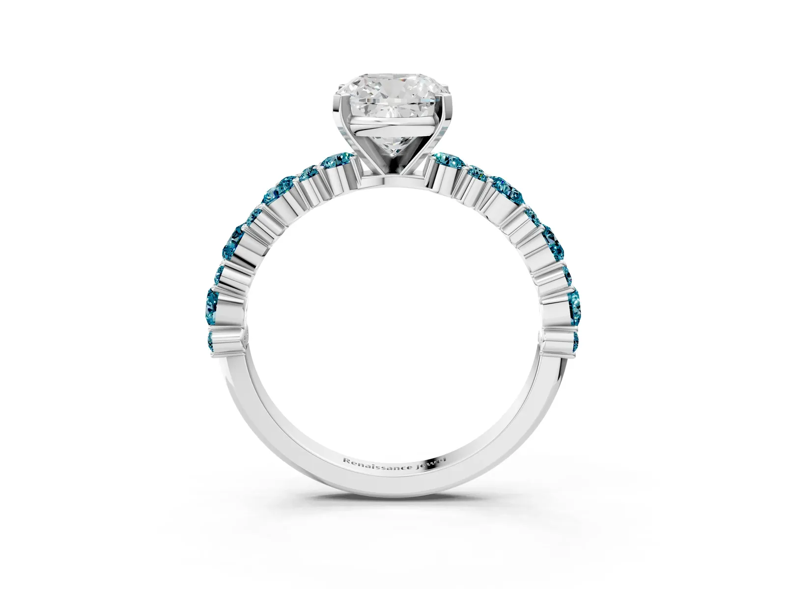 Cushion Cut Diamond Side Stone Solitaire Ring with Round Blue Topaz and Four-Prong Setting Platinum