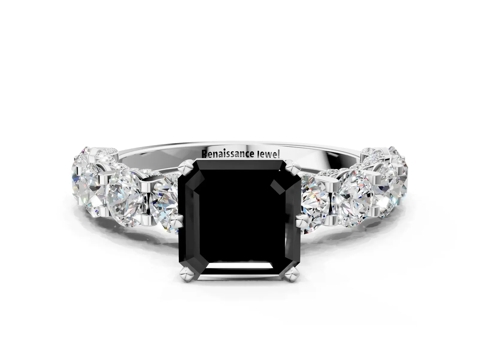 Fancy Black Asscher Cut Diamond Side Stone Engagement Ring with Four-Prong Setting Platinum