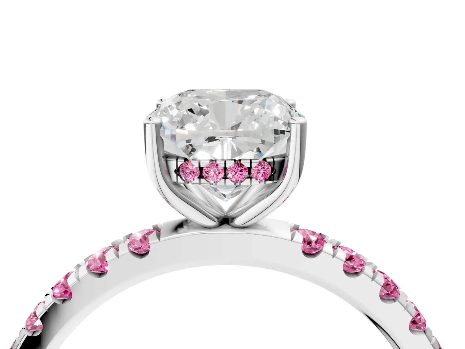 Cushion Cut Diamond Pave Band Solitaire Ring with Round Pink Sapphire and Prong Setting Platinum