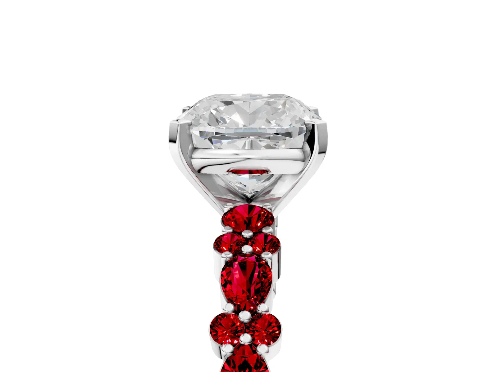Cushion Cut Diamond Side Stone Solitaire Ring with Round Ruby and Four-Prong Setting Platinum