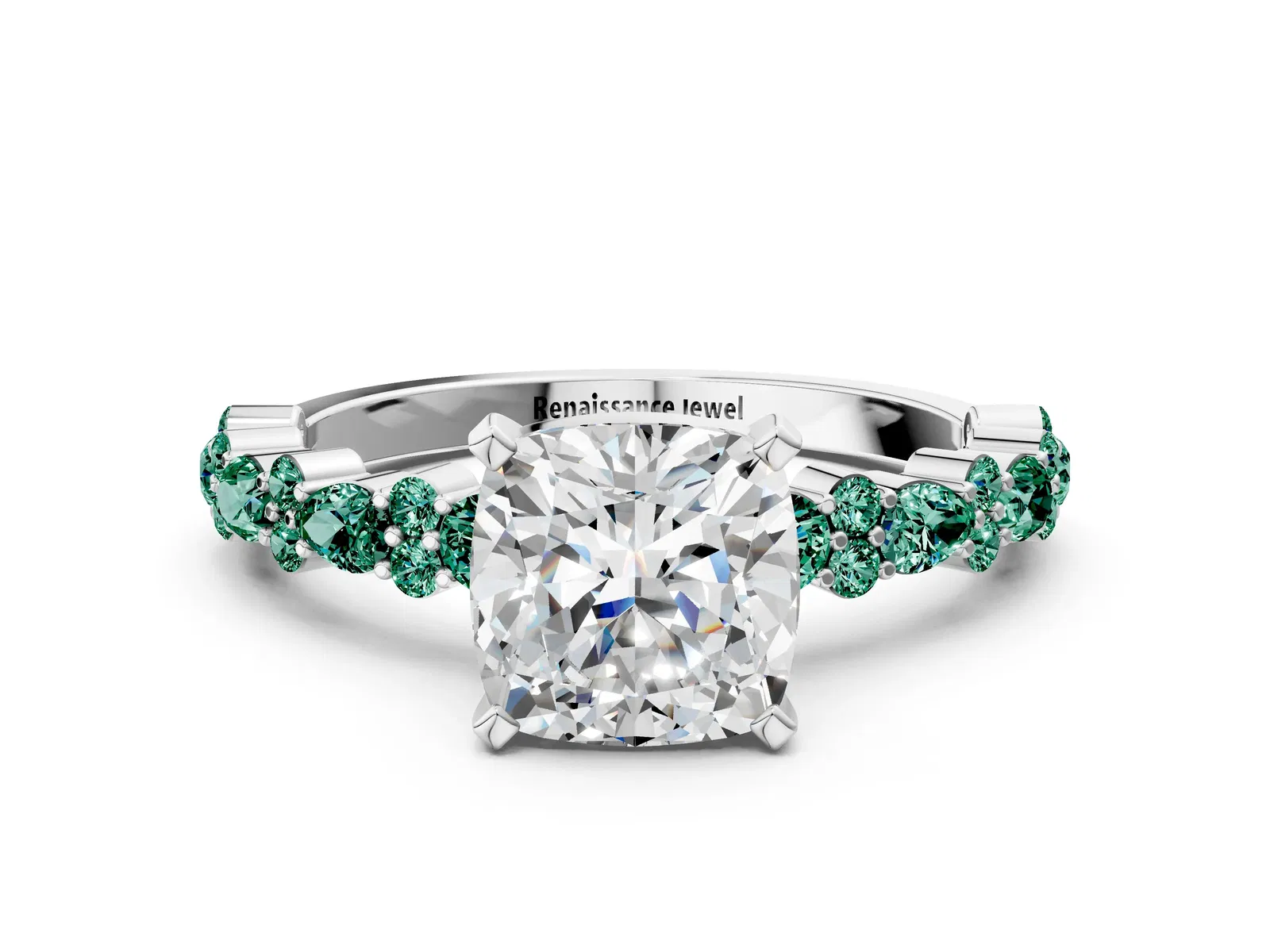 Cushion Cut Diamond Side Stone Solitaire Ring with Round Green Sapphire and Four-Prong Setting Platinum