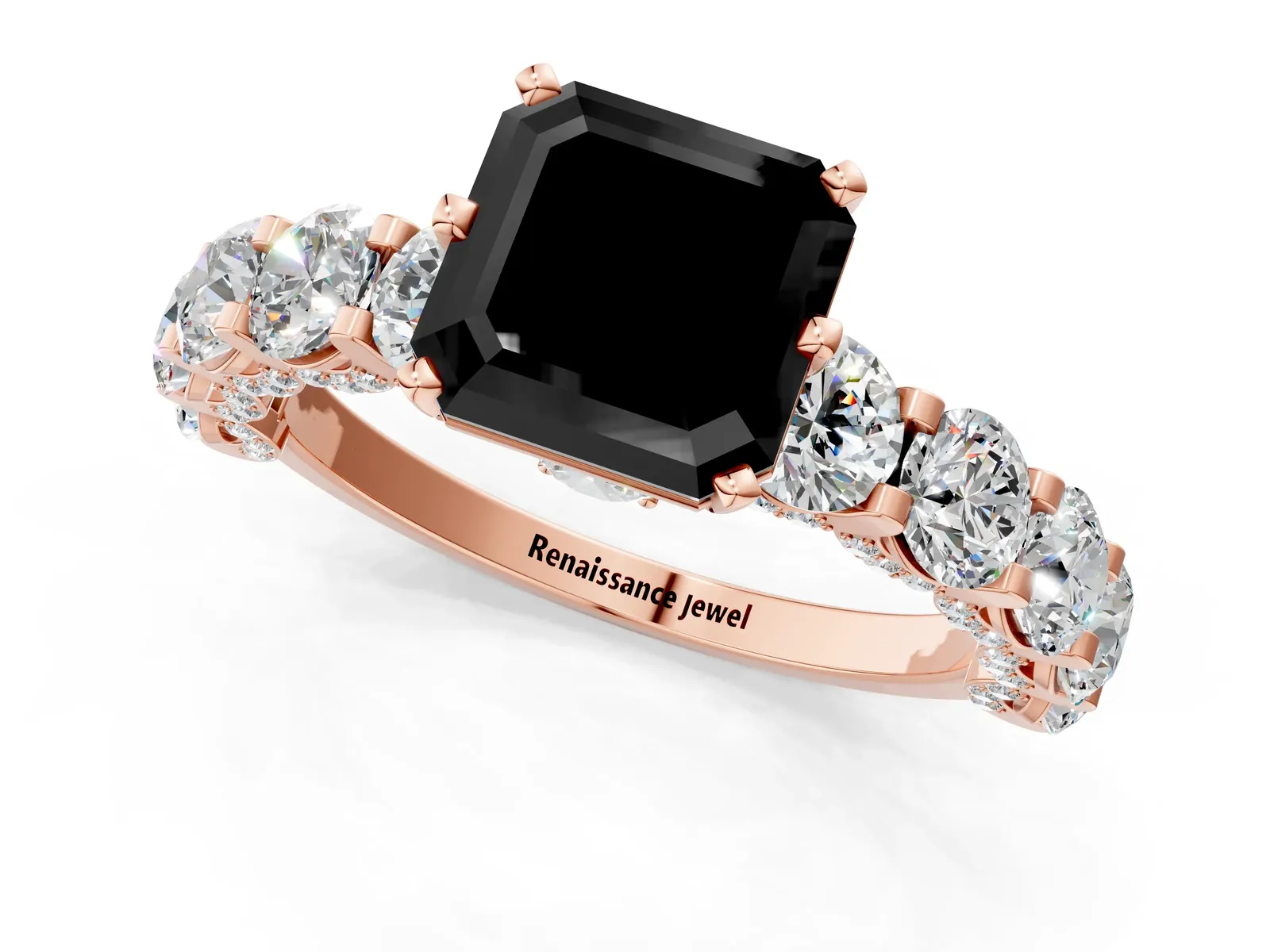 Fancy Black Asscher Cut Diamond Side Stone Engagement Ring with Four-Prong Setting Rose gold