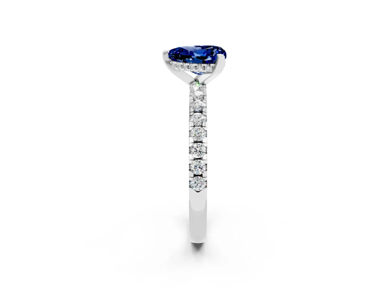 Heart Cut Blue Sapphire Solitaire Ring with Round Pavé Band and Four-Prong Setting Platinum
