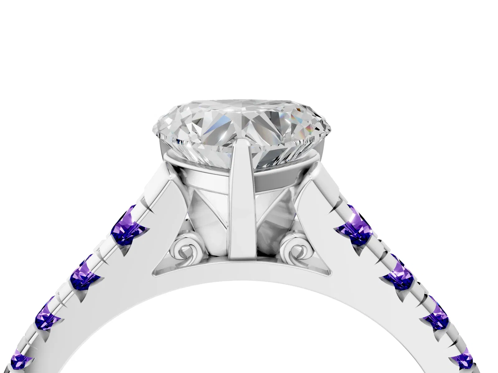 Heart Cut Diamond Cathedral Solitaire Ring with Round Tanzanite Pavé Band Platinum