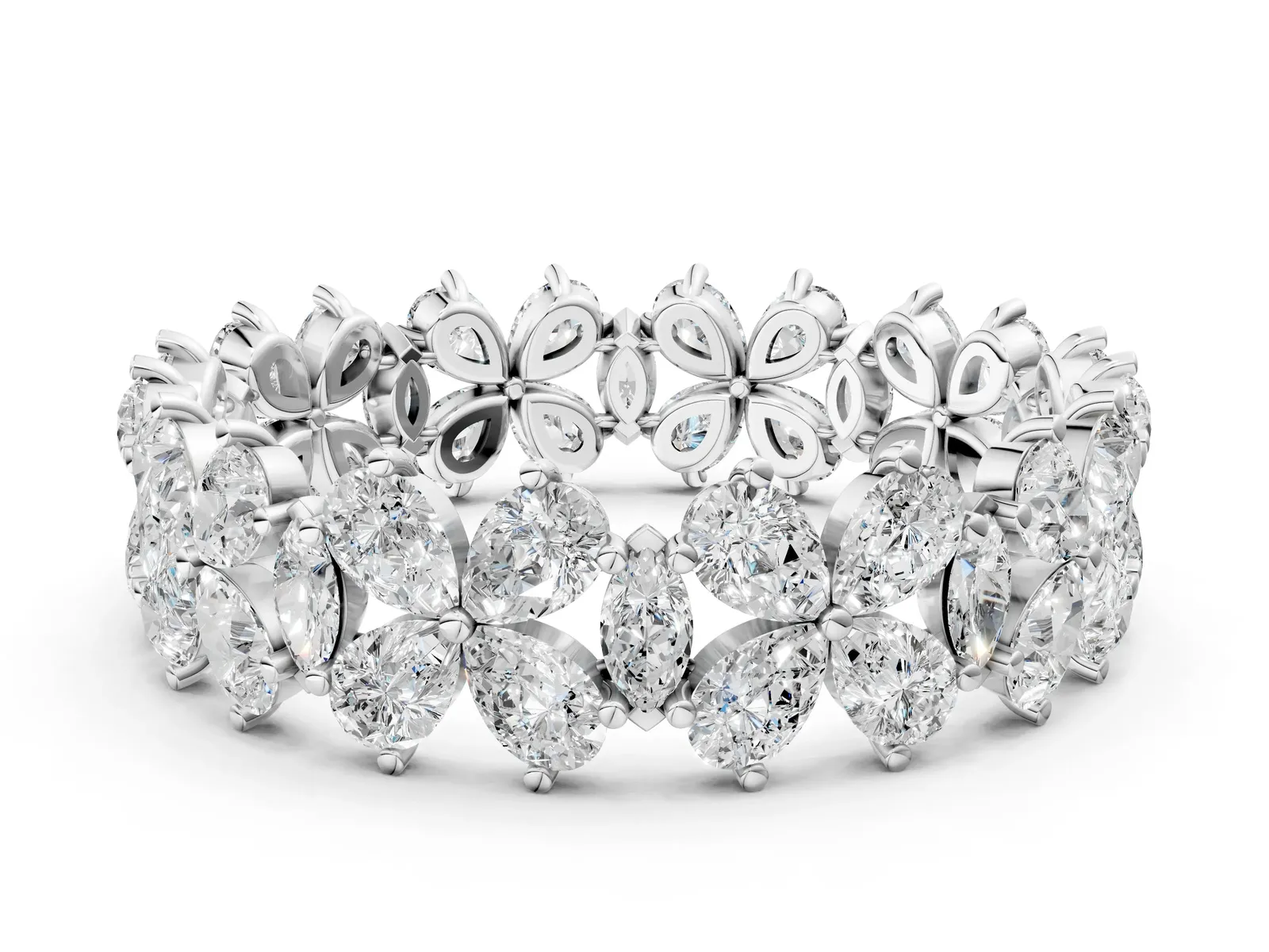 Pear and Marquise Diamond Floral Promise Ring Silver
