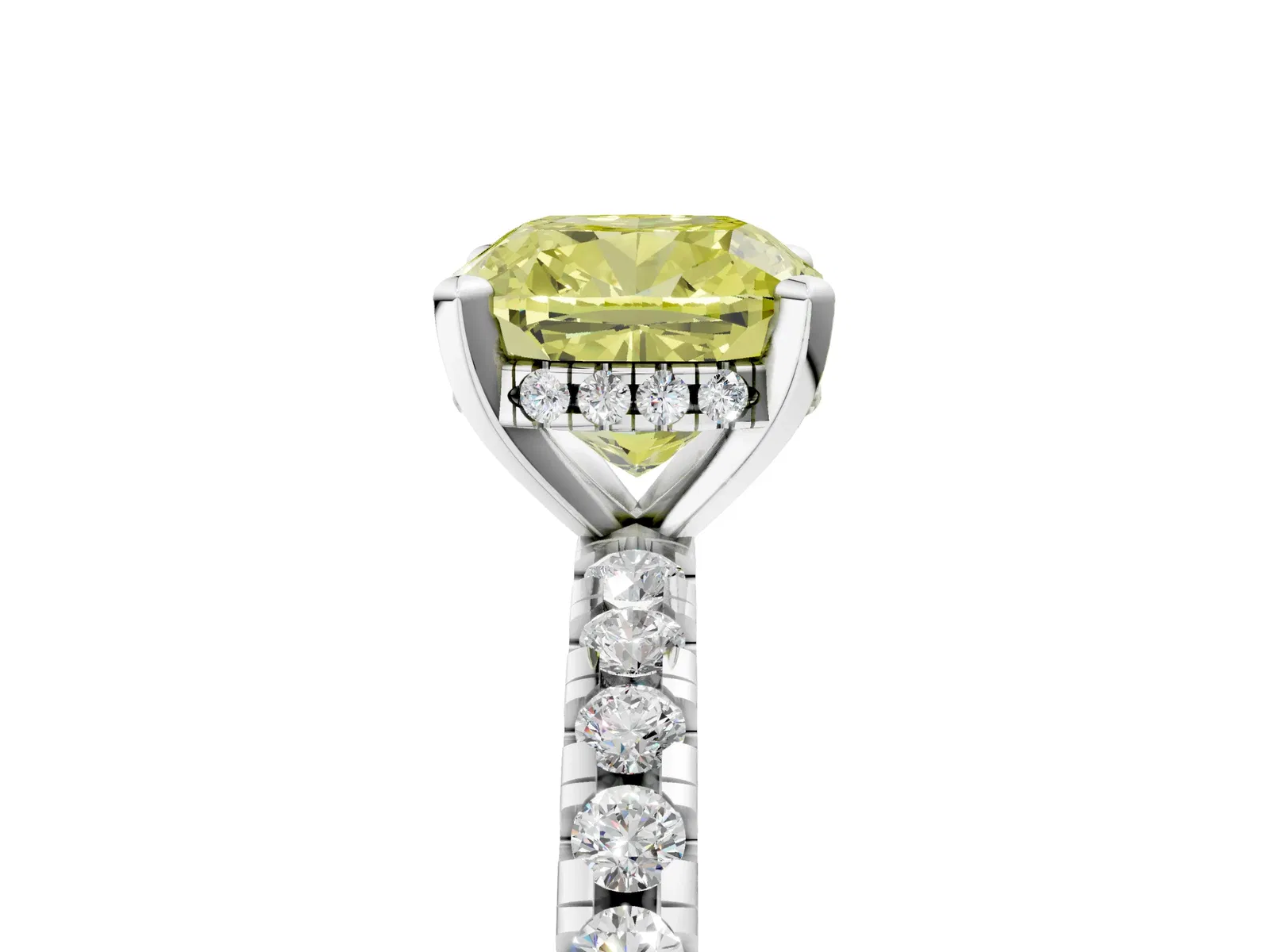 Fancy Yellow Cushion Cut Diamond Solitaire Ring with Round Pavé Band and Four-Prong Setting Platinum