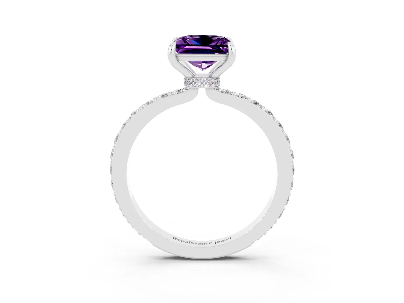 Princess Cut Amethyst Solitaire Engagement Ring with Pavé Band and Four-Prong Setting Platinum