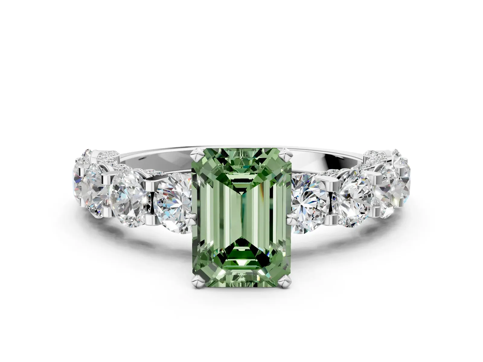 Fancy Green Emerald Cut Diamond Side Stone Engagement Ring with Four-Prong Setting White gold