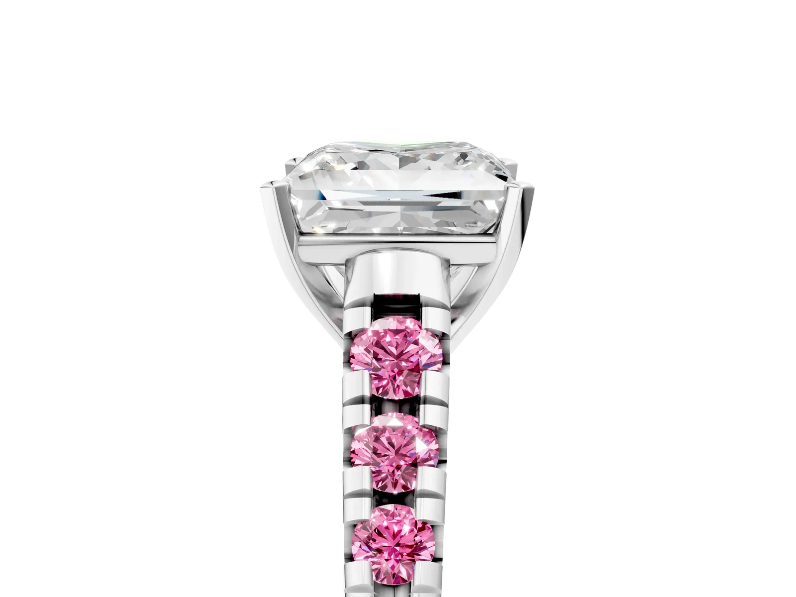 Princess Cut Diamond Cathedral Solitaire Ring with Round Pink Sapphire Pavé Band Platinum