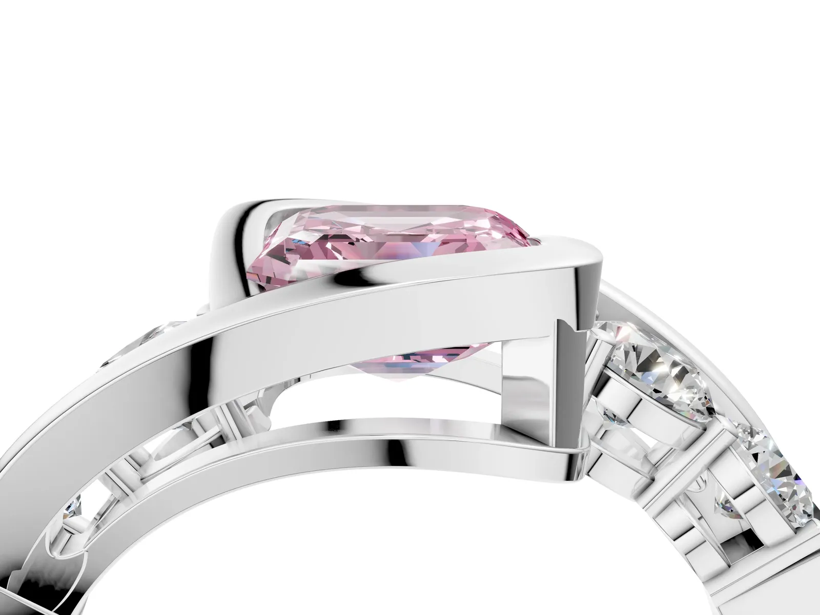 Fancy Pink Bezel Set Asscher Cut Diamond Bypass Ring with Round Accents Platinum