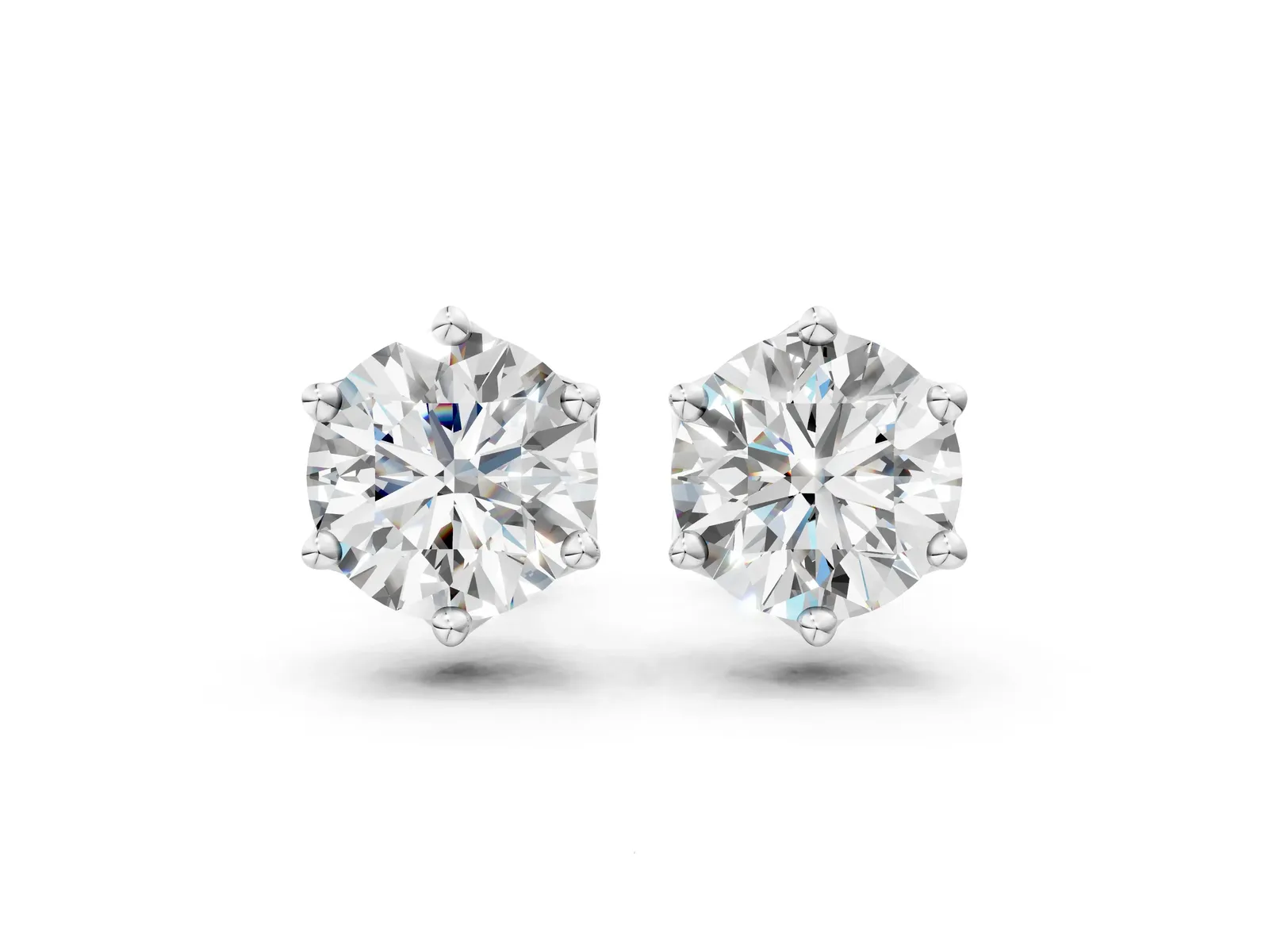 Round Diamond Six Prong Flower Petal Solitaire Stud Earrings Silver