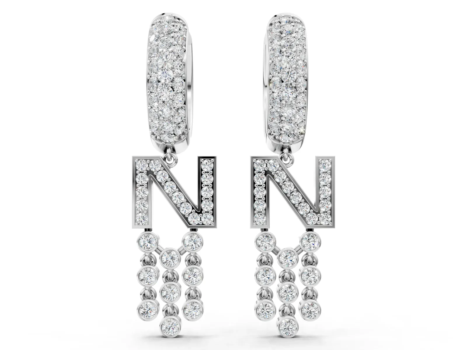 Round Diamond Initial N Huggie Hoop Earrings Silver