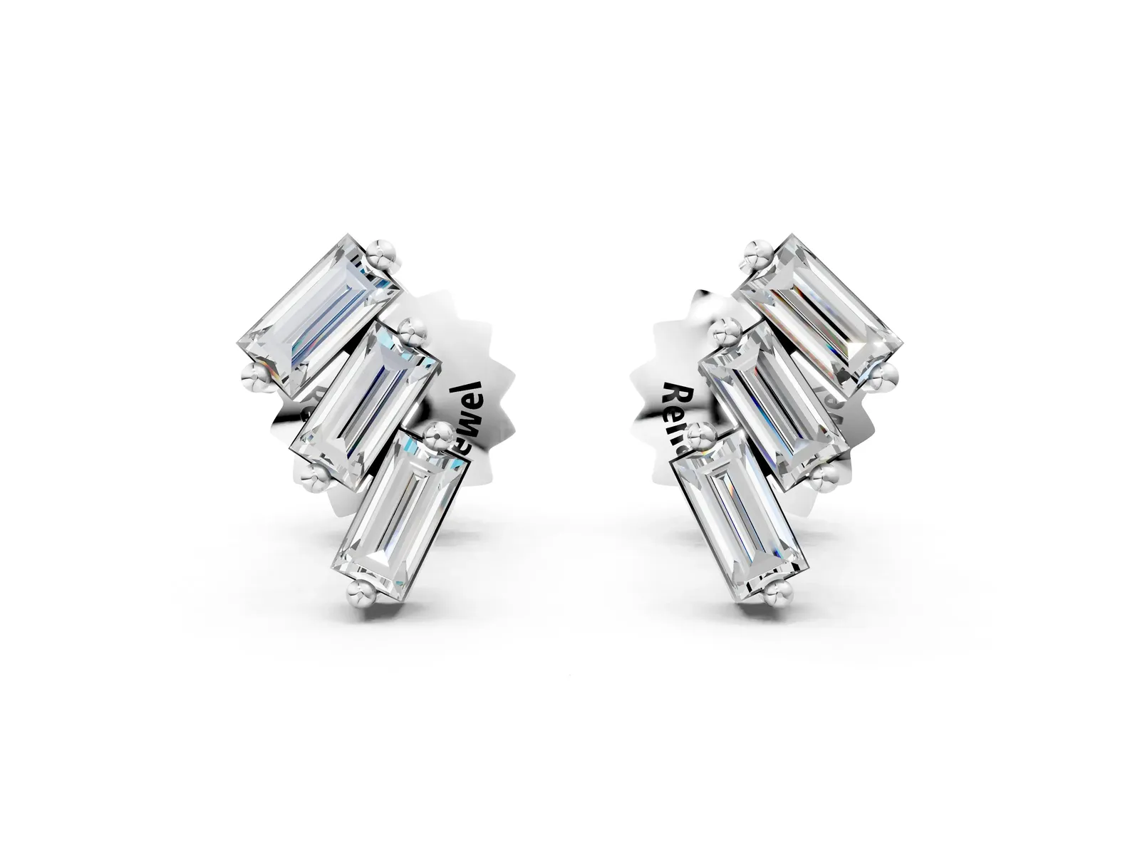 Baguette Diamond Three-Stone Stud Earrings Silver