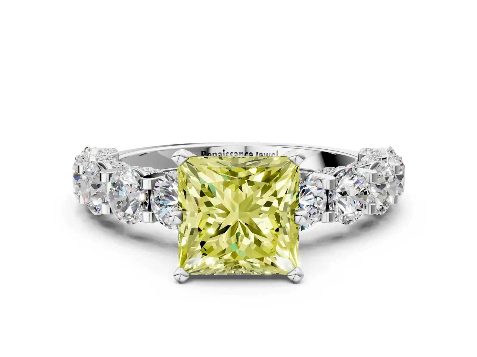 Fancy Yellow Princess Cut Diamond Side Stone Engagement Ring with Four-Prong Setting White gold